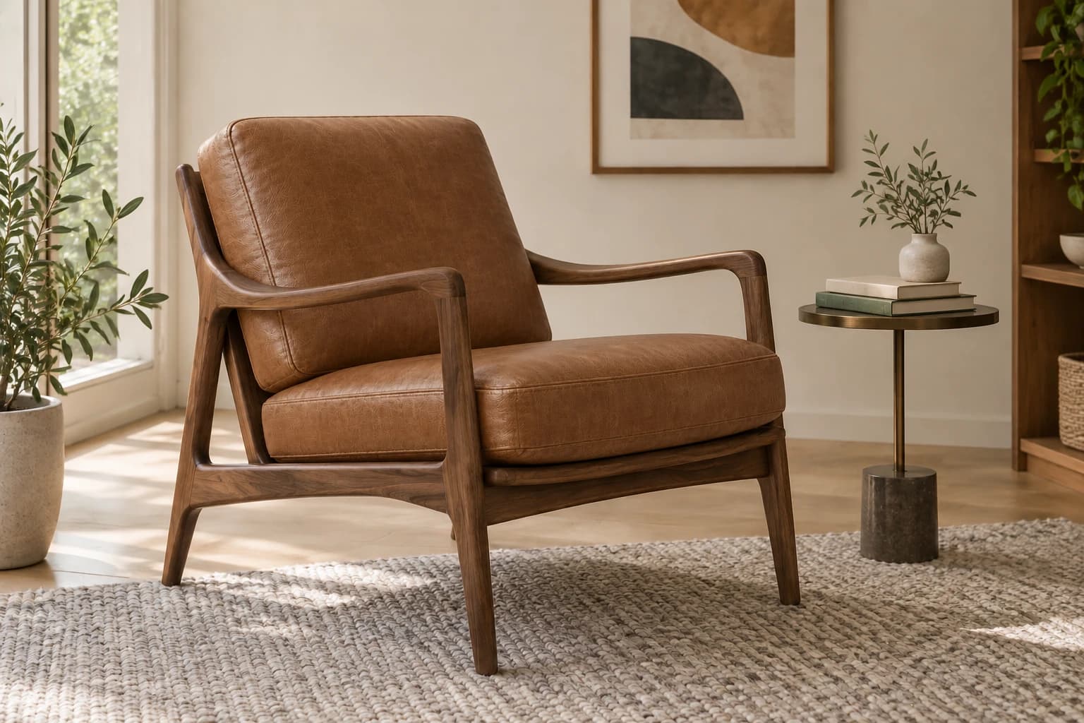 After: brown leather chair and full room